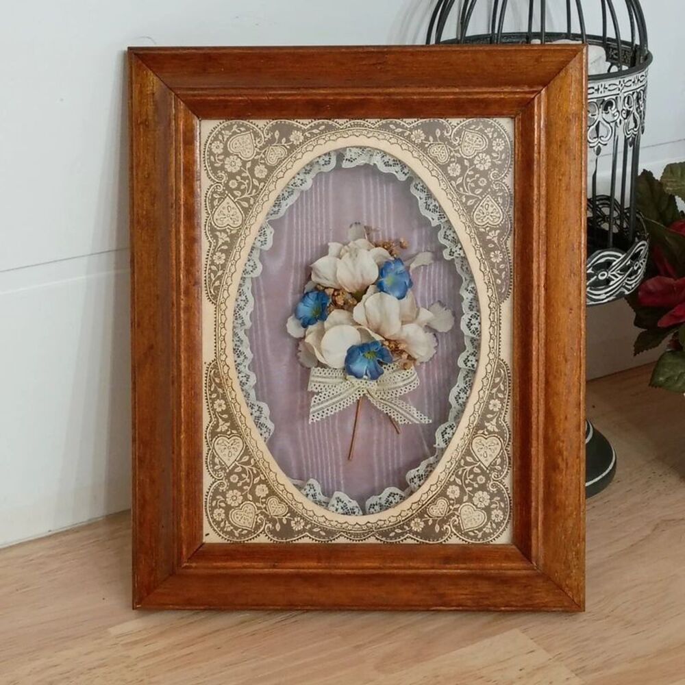Vintage Barncraft Homemade Shadow Box Floral Picture in Wood Frame